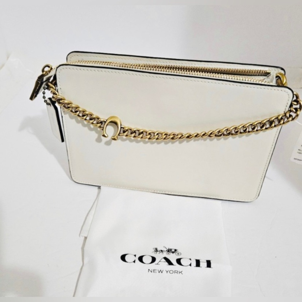COACH Signature Chain Crossbody White Leather with signature gold chain $295